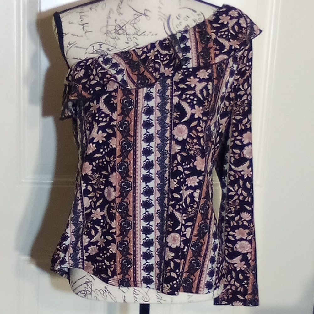 Ashley Blue Top Women's One Shoulder Size L Multicolor
